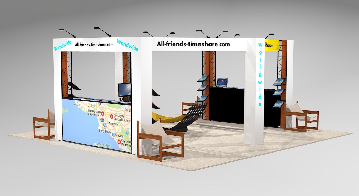 dia2020 is a 20x20 island design providing a wide open space in the middle of your floor space plus 6 logo headers for branding and 12 large literature or merchandise product shelves on two sides