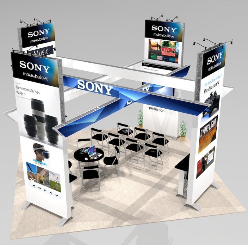 hol2020 sony this exhibit features 14 graphic walls 23 foot chisel header beams and presentation area