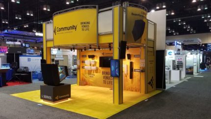 Eye catching graphics on two story trade show exhibit