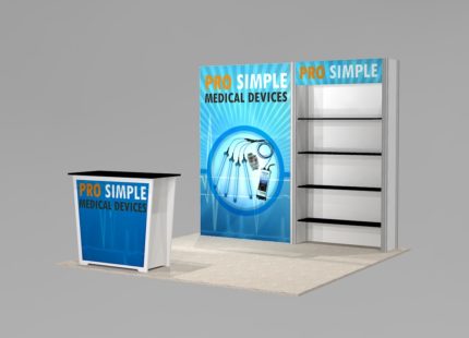Trade show exhibit design with shelves_backlit graphic wall